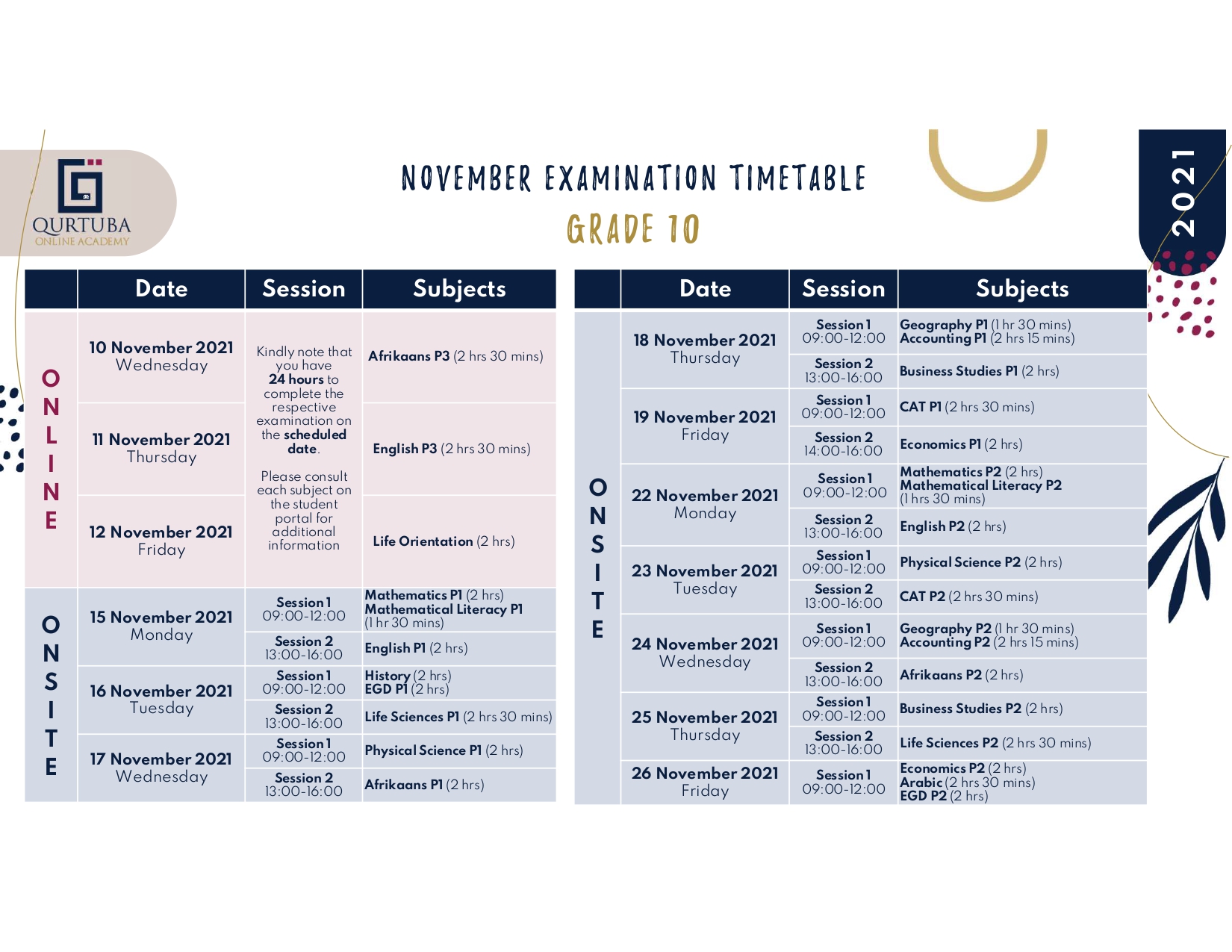 Grade 10 November Exam Time Table