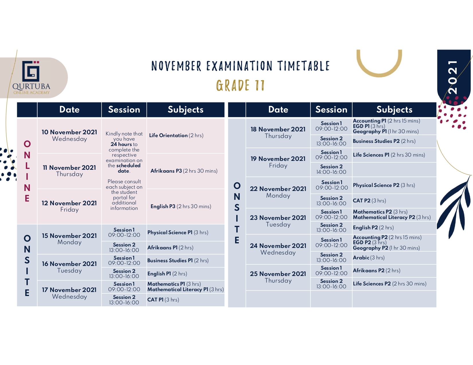 Grade 11 November Exam Time Table