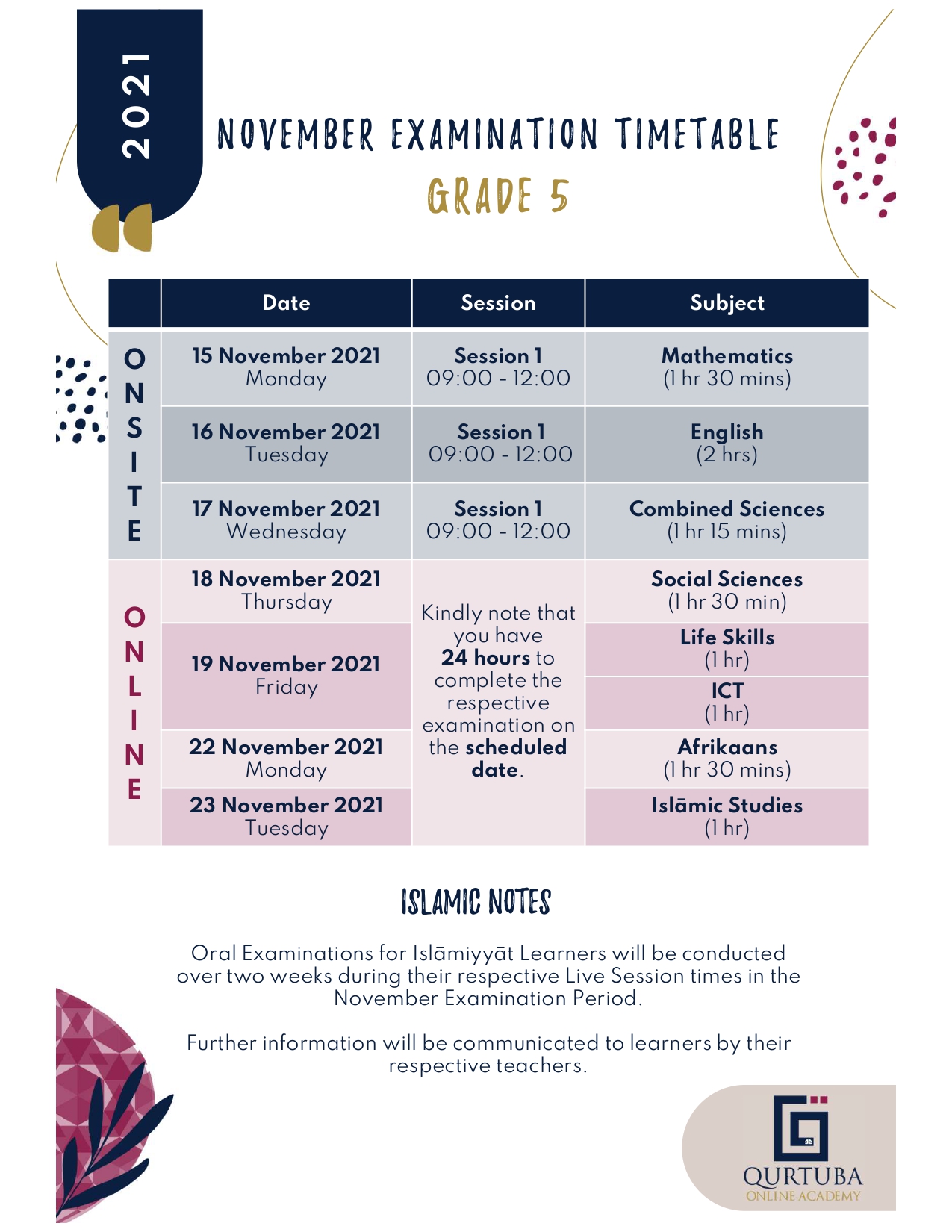 Grade 5 November Exam Time Table