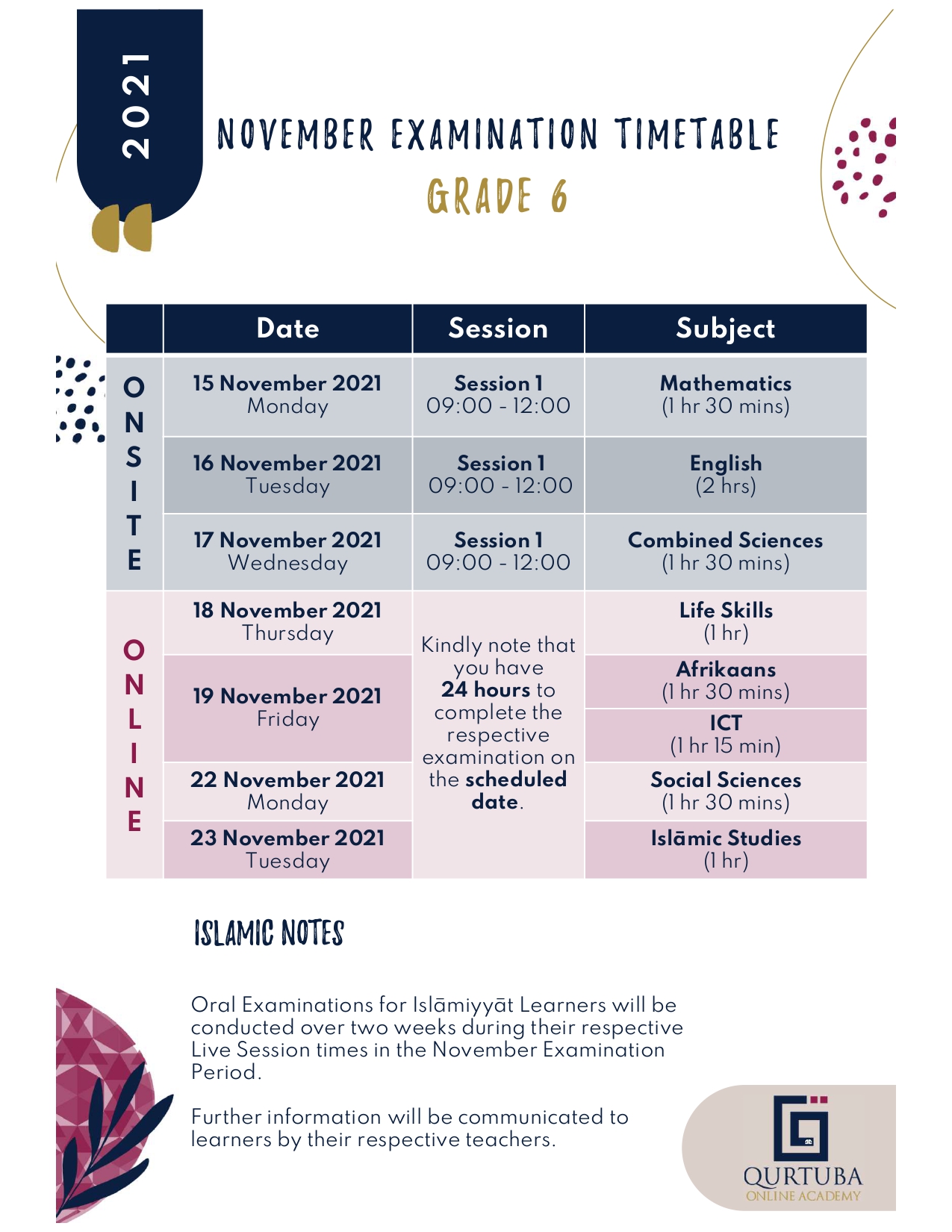 Grade 6 November Exam Time Table