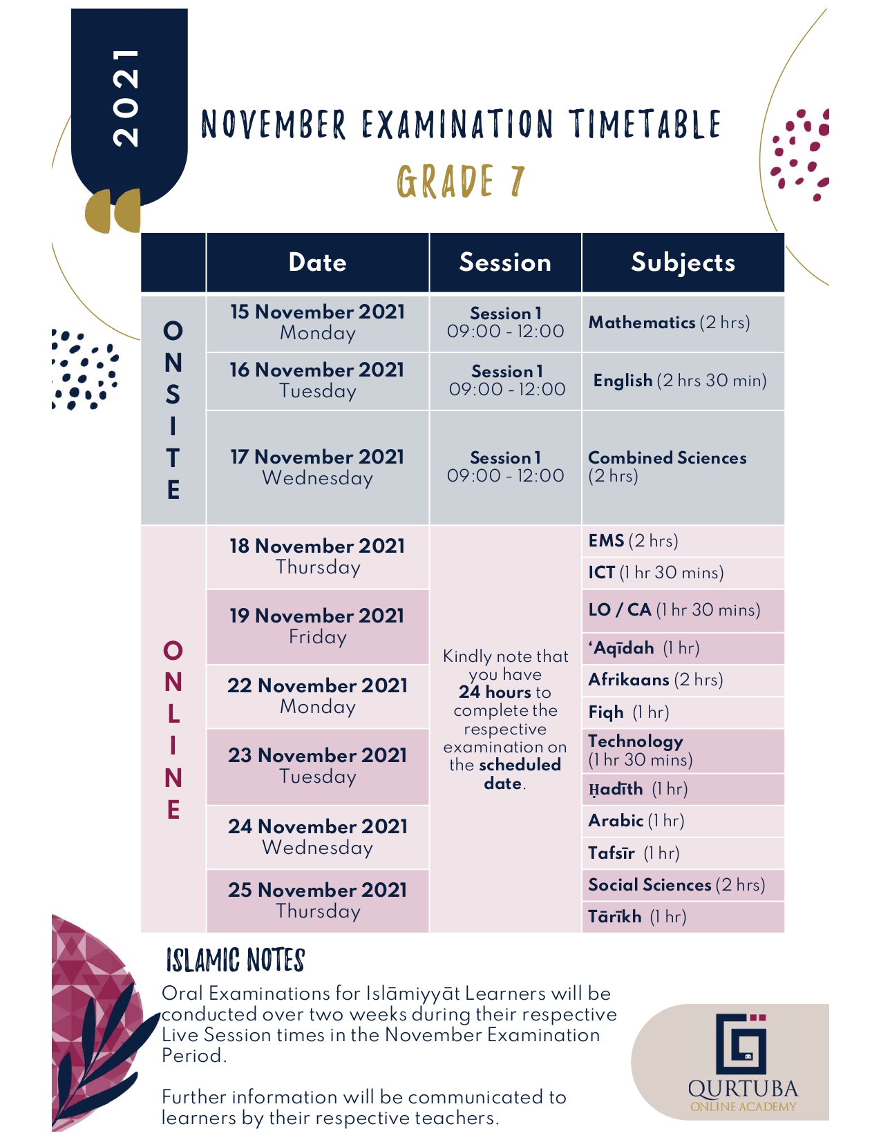 Grade 7 November Exam Time Table