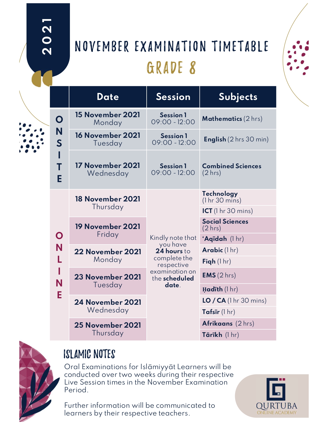 Grade 8 November Exam Time Table