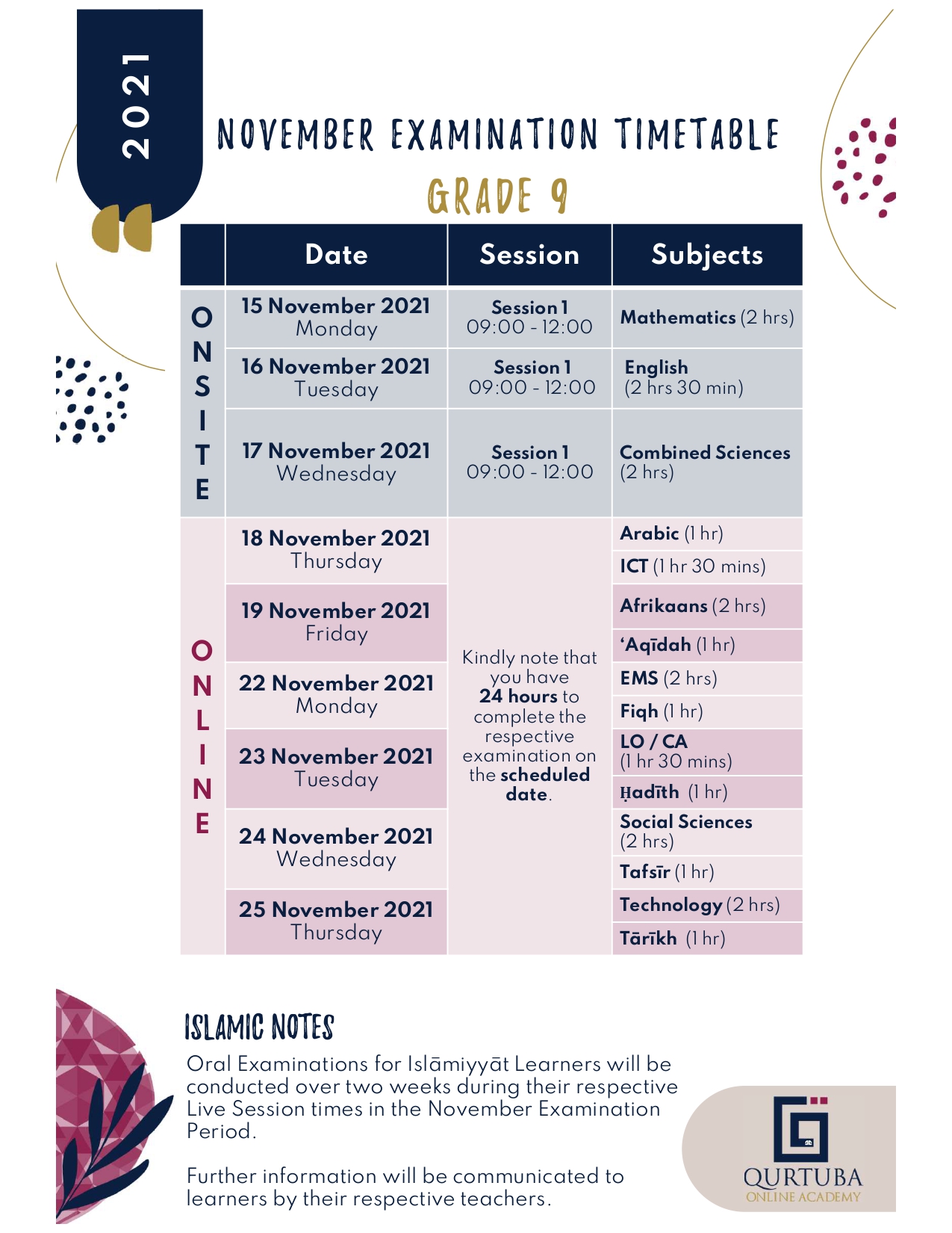 Grade 9 November Exam Time Table