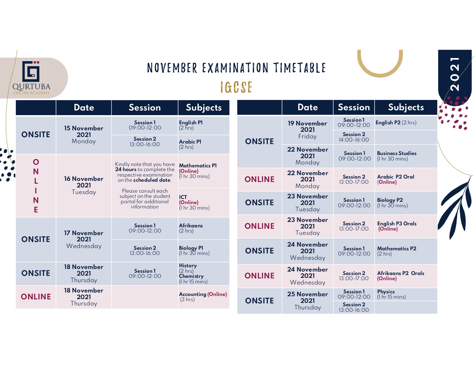 IGCSE November Exam Time Table